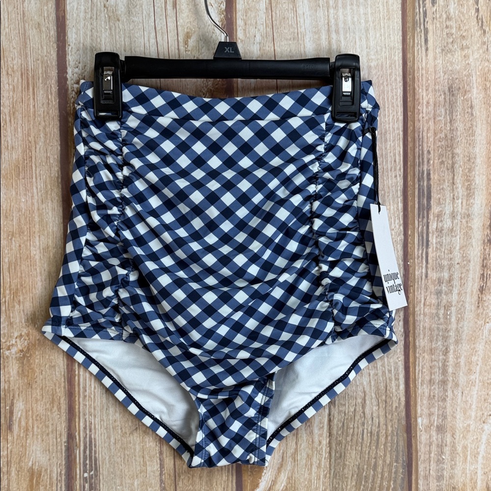 💵NWT Unique Vintage Navy Checkered High-Waisted Swim Bottom Size Small